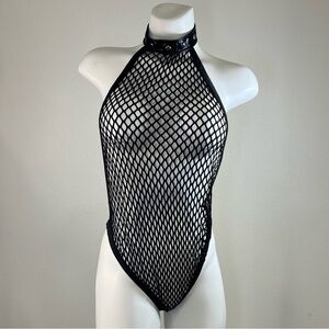 Dreamgirl Black Fishnet Open Back Collar Bodysuit S/M